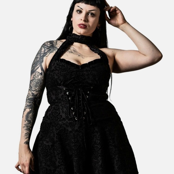 Killstar Gothic Black Velvet Damask Halter Dress Lace Up Corset Tulle Hem XXL - Picture 4 of 16